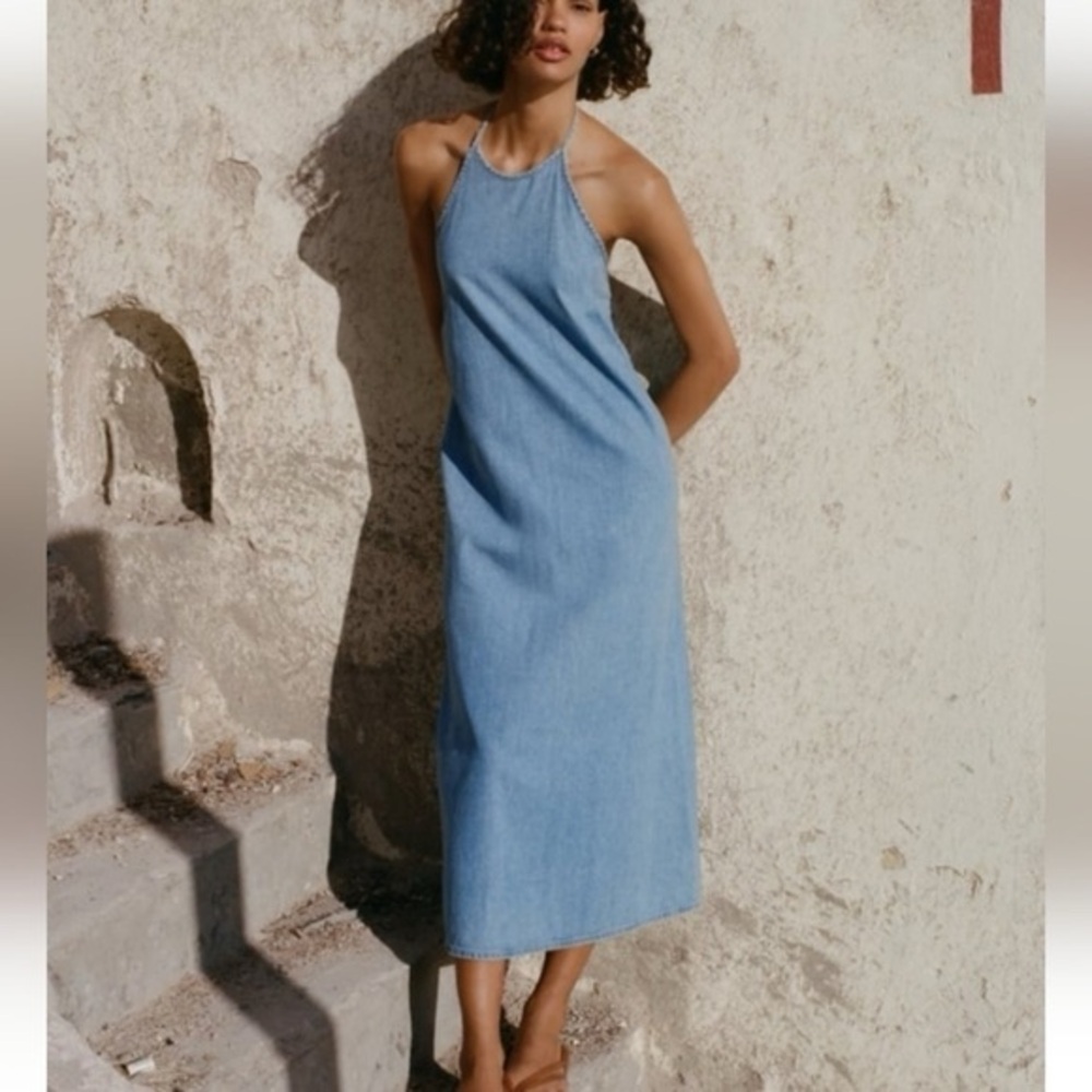 Zara Denim Halter Neck Midi Dress
